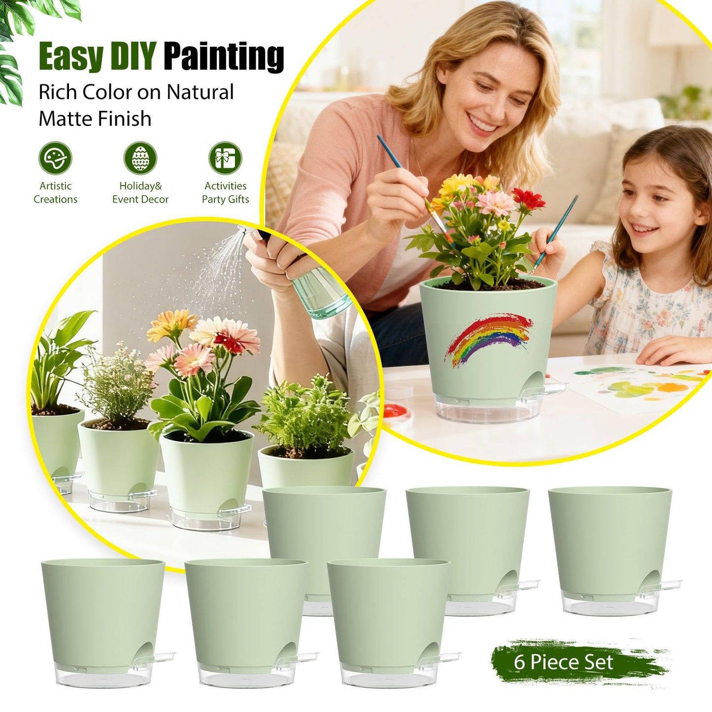 SQKH Plant Pots 4 Inch Self Watering Pots,6 Pack Plastic Planters with Drainage Holes and Clear Saucers,Plastic Flower Pots,Nursery Planting Pot for Indoor Out Door Plants (Green)