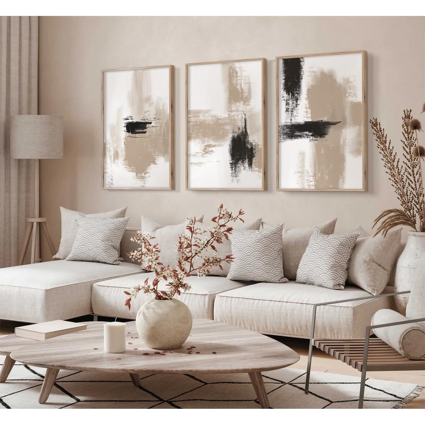 Joocrise Beige Abstract Wall Art Painting Set of 3 Neutral Canvas Wall Art Prints Black Beige Modern Wall Decor Minimalist Art Pictures Abstract Modern Artwork for Room Bedroom 16x24 Inch Unframed