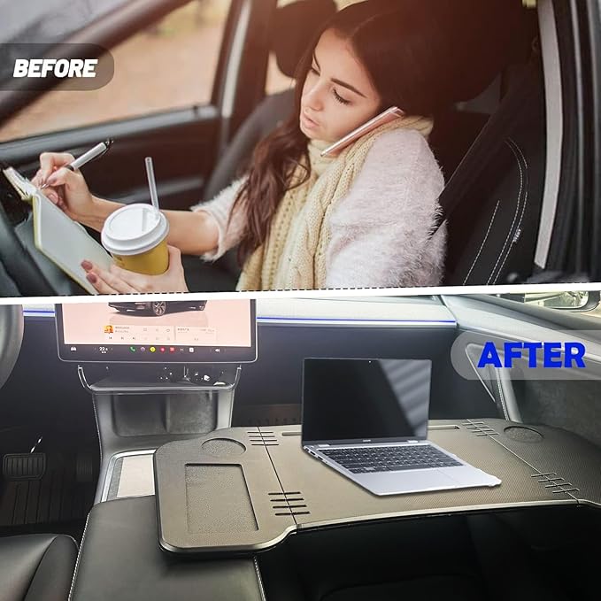 Ronsoile for Tesla Model 3 Y | Foldable Laptop Car Desk | Steering Wheel Table with Cup Holder | Multi-Position Backseat Travel Tray for Kids, Food & Tablets | Long Trip Essentials