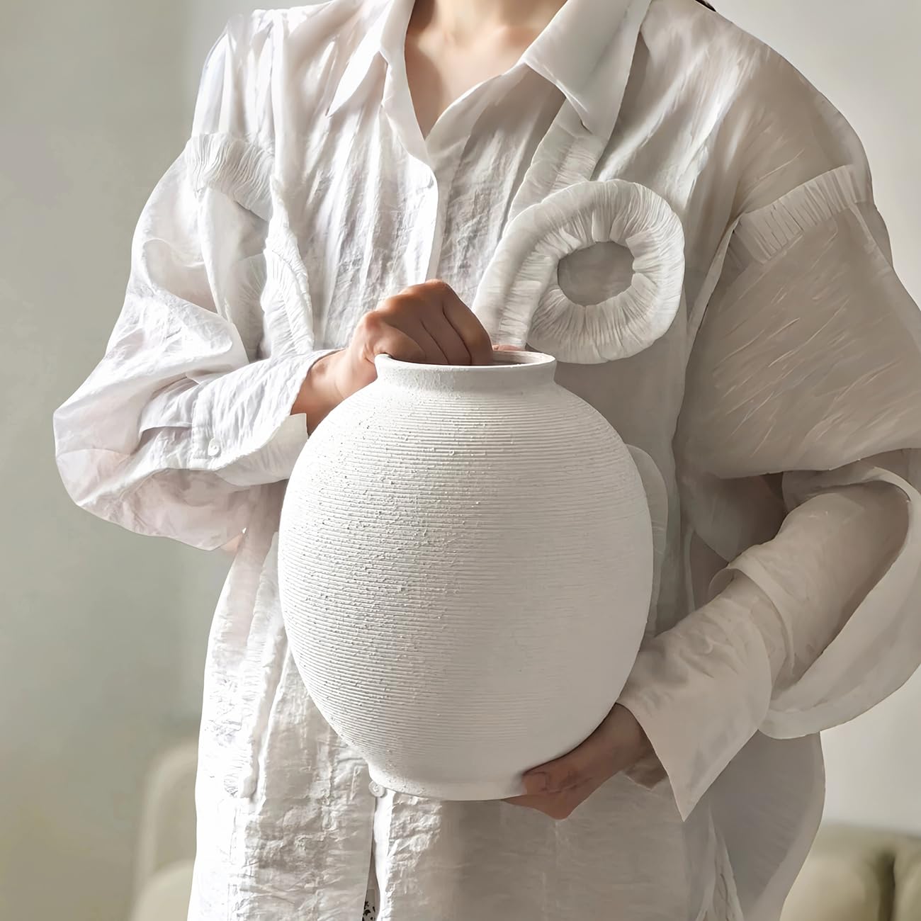 White Ceramic Vase, 9.8" Large, Round, Sandstone White