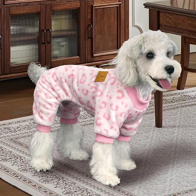 XPUDAC Dog Sweater Leopard Fleece Dog Pajamas for Small Medium Dogs Girl Soft Warm Pet Winter Clothes for Winter Christmas(Pink, Large)