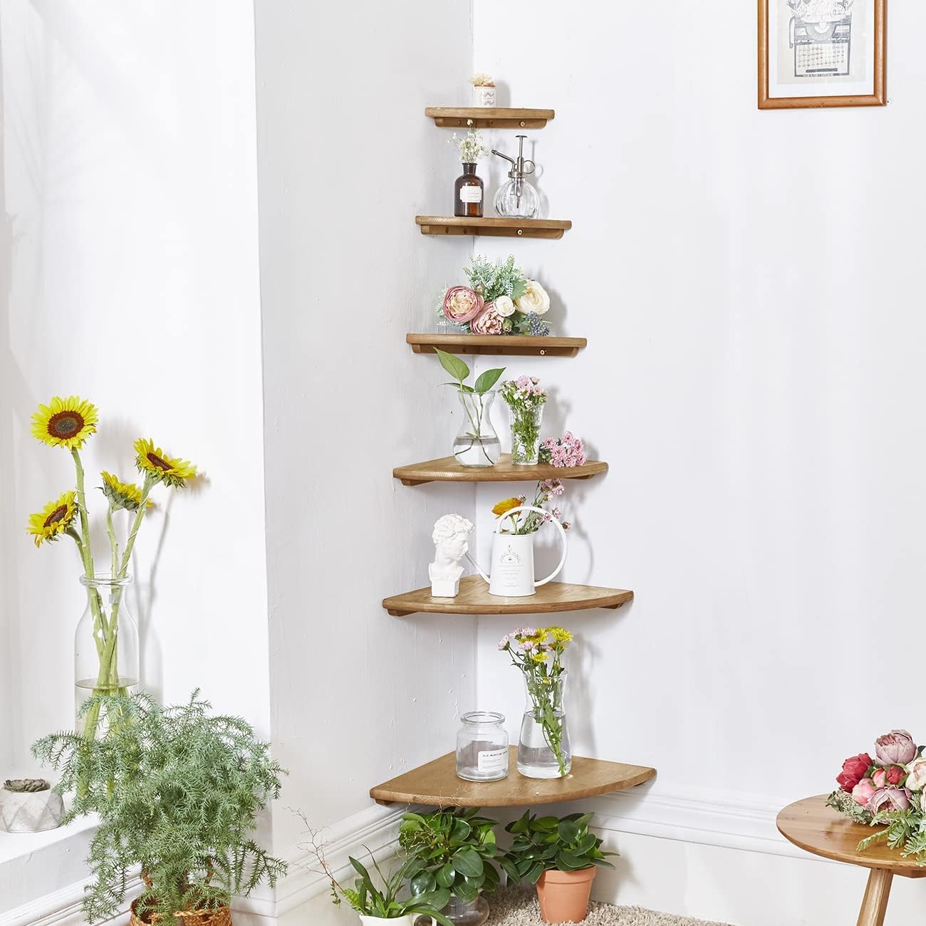 Conamily Corner Shelves, Floating Corner Shelf, Set of 2 7inch Solid Oak Wood Wall Shelves, Round End Wall Mount with Wire Hole Shelving for Small Plant for Bedroom Kitchen, Living Room