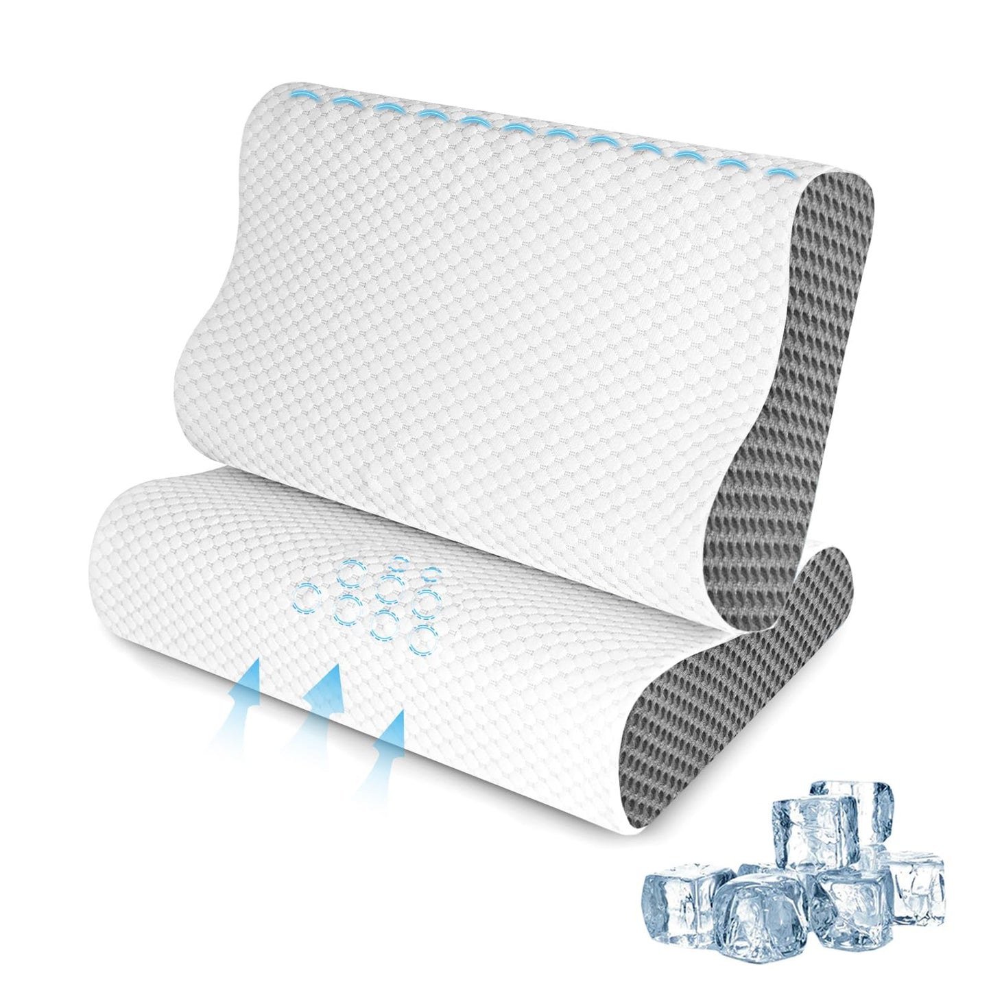 SUFOR Cooling Pillows Queen Size Set of 2, Memory Foam Bed Pillows for Sleeping, Ergonomic Cervical Pillow for Neck and Shoulder Pain Relief, with Pillowcase（Grey）