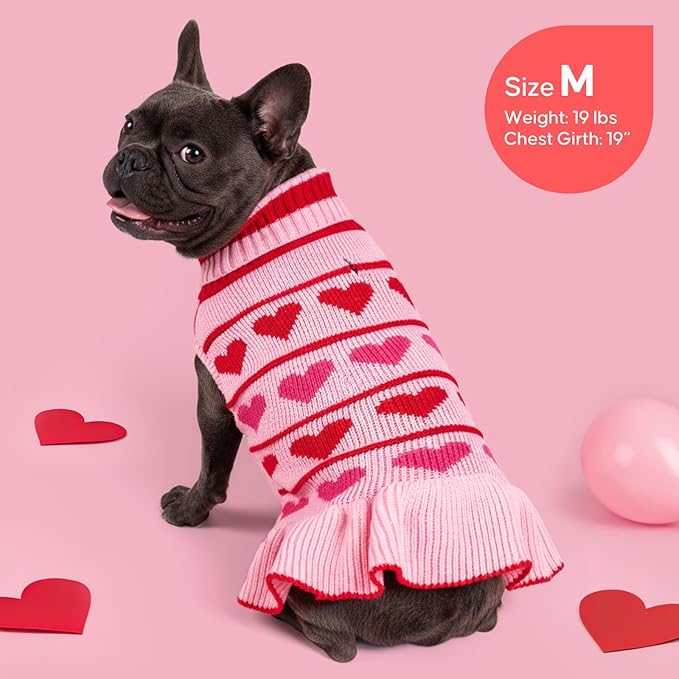 KYEESE Valentines Dog Sweater, Stretchy Pullover Small Dogs Sweater, Soft Turtleneck Dog Sweaters for Small Dogs, Warm Pet Sweaters Dress with Heart Print, Comfy Pet Clothes Coat with Leash Hole, M