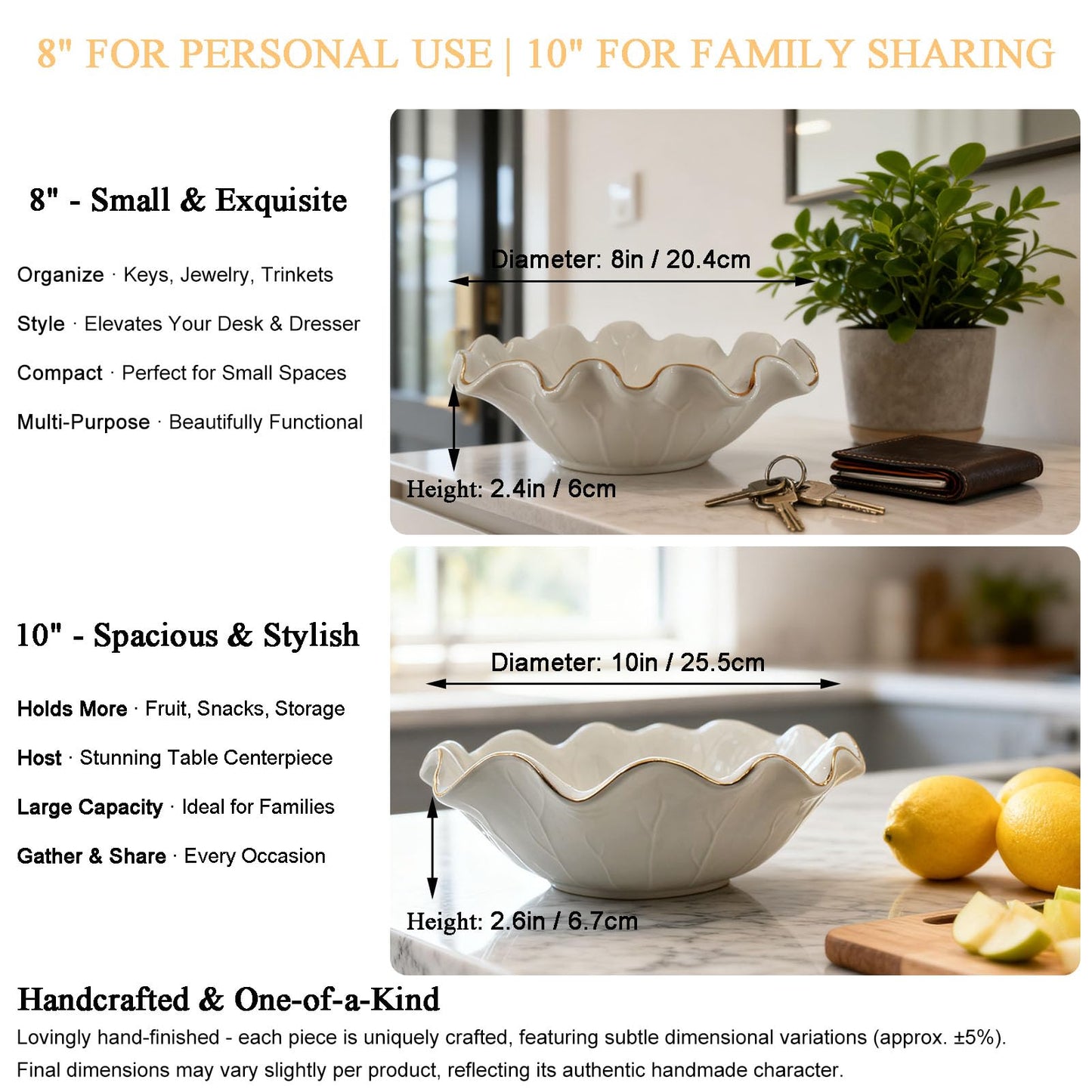 Aimtobest Handcrafted 8" White Ceramic Ruffle Bowl with Gold Trim – Modern Lotus Design, Small Shallow Decorative Bowl for Kitchen Counter & Key Holder for Entryway Table, Catch-All for Home Decor