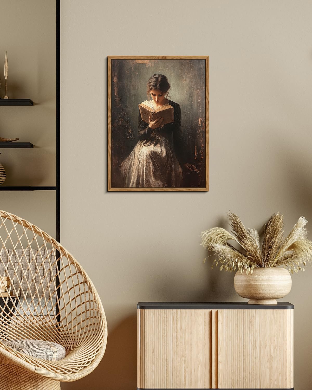 AIMAILON Framed Canvas Wall Art Retro Rustic Girl Reading Book Prints Study Artwork Small House Room Bedroom Living Room Decor Paintings Size 12x16