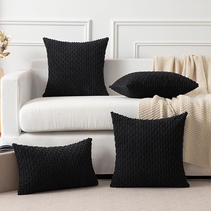 Kevin Textile Rectangle Throw Pillow Covers Ultra Soft Striped Corduroy Solid Cushion Covers Oblong Throw Pillowcases for Lumbar 12 x 20 inch Black