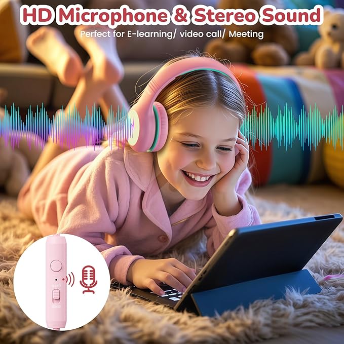 Kids USB C Headphones for School, 2025 Upgrade Safe Listening Wired Over-Ear Headphones with LED Lights, Volume Limiter & Microphone, Foldable Design for iPhone 16, iPad, Tablet