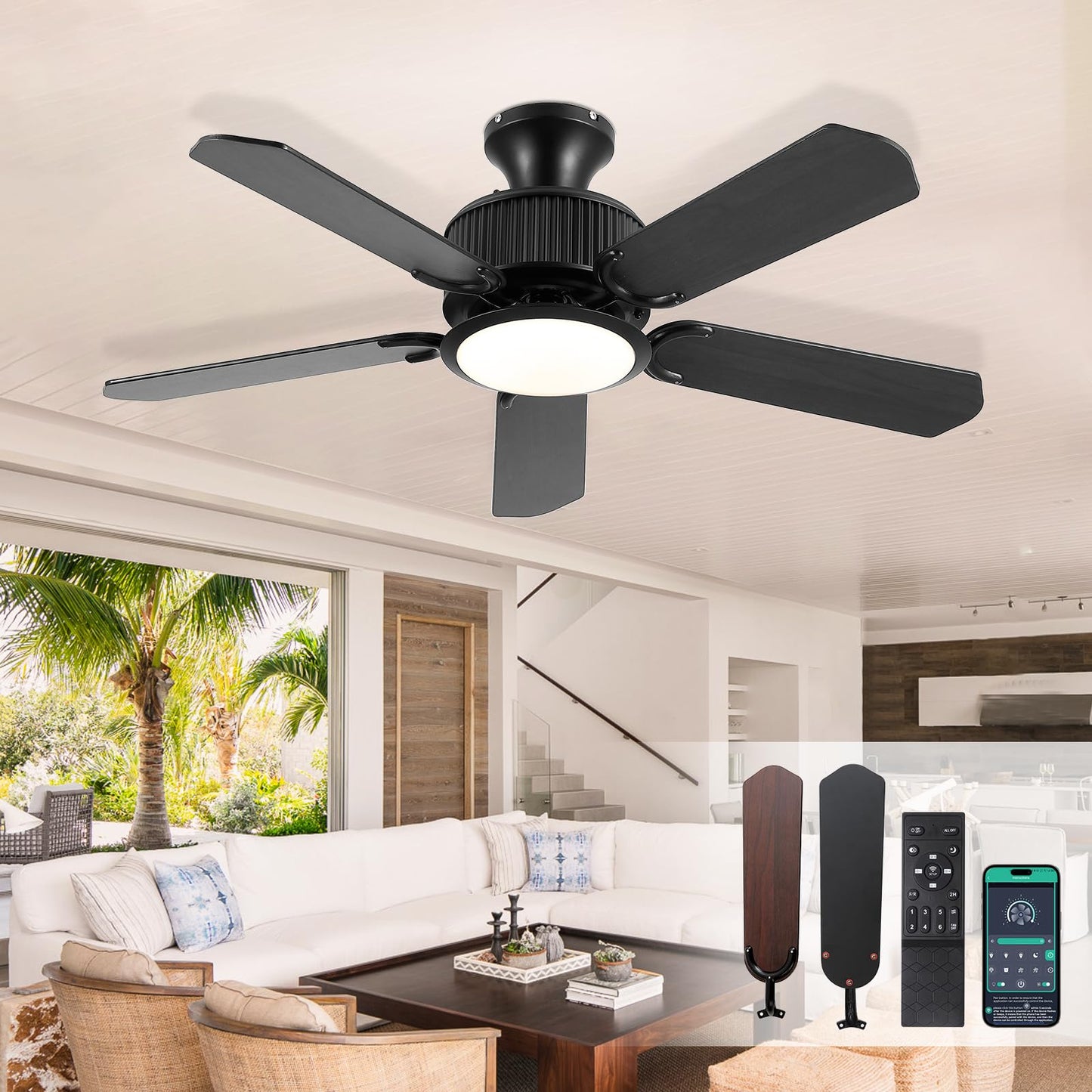 Surtime 44In Flush Mount Ceiling Fans with Lights and APP&Remote Control,Farmhouse Low Profile Ceiling Fan for Indoor/Outdoor,3CCT Dimmable,5 Reversible Double-Sided Blades（Black）