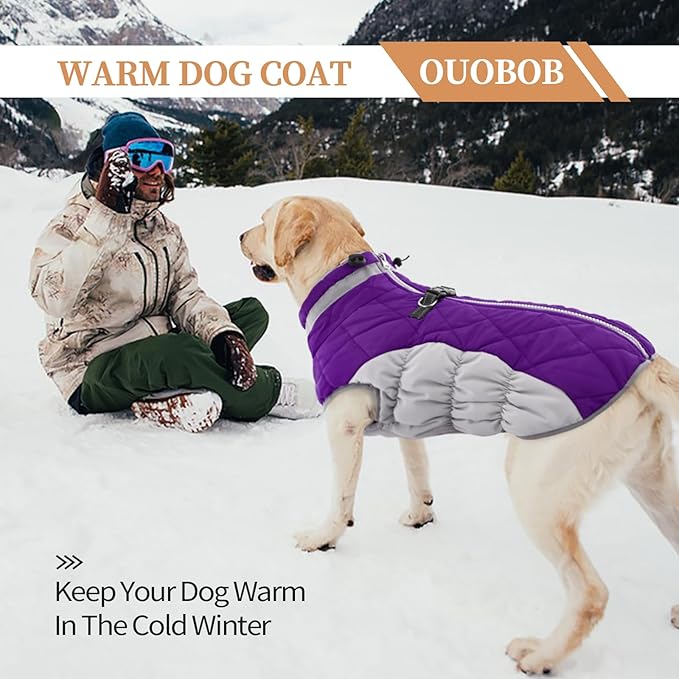OUOBOB Dog Jackets for Medium Dogs,Medium Dog Coat,Warm Pet Winter Coat Zip Up Back,Waterproof Dogs Jacket with D-Ring,Pet Cold Weather Coats with Fleece Lined, Snowsuit Pug Boston Terrier,Purple,M