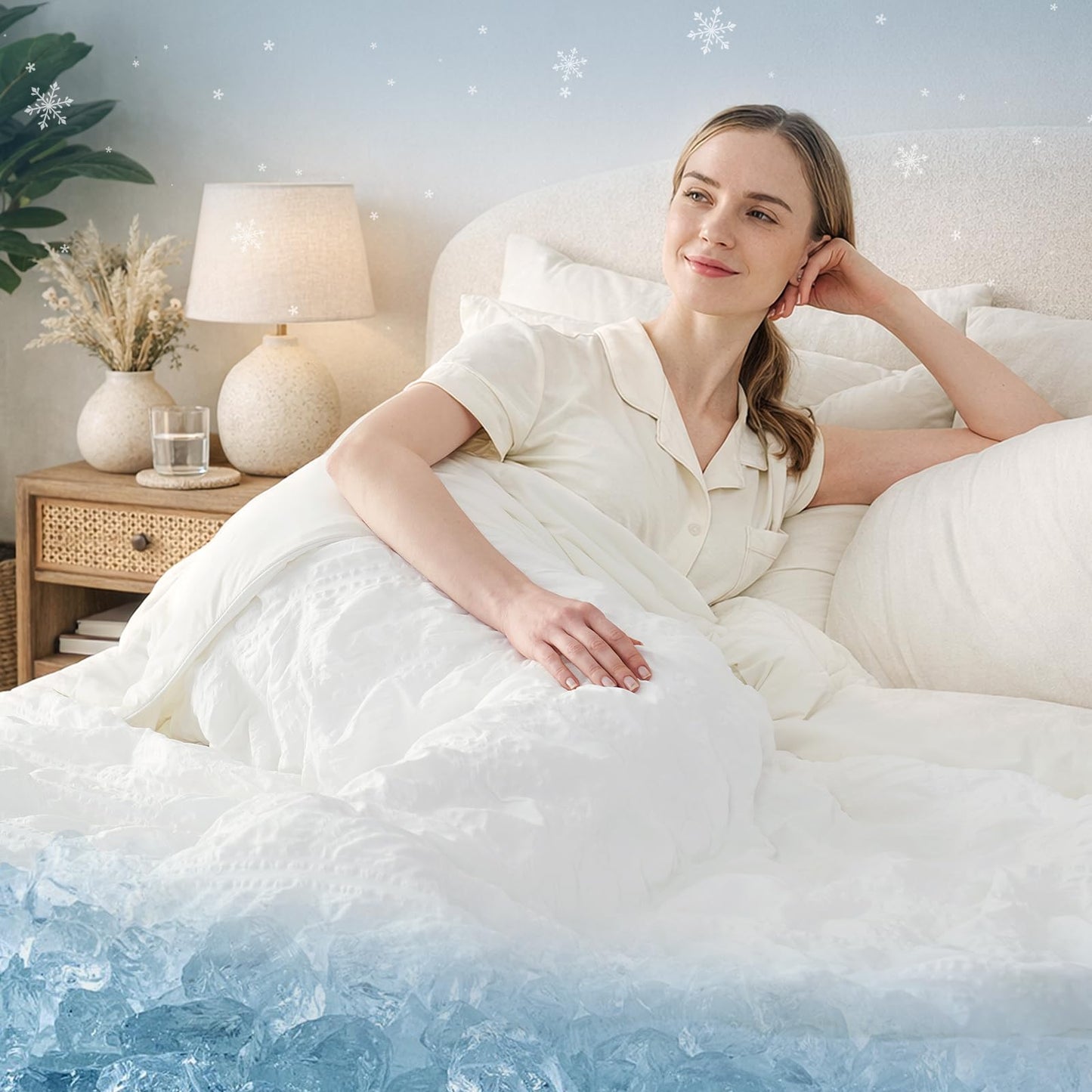 Cozy Bliss Cooling Comforter Seersucker Plaid Queen Size, Q-Max 0.45 Lightweight Cooling Blanket, Breathable Silk Smooth Summer Bedding Quilt for Hot Sleepers Night Sweats White