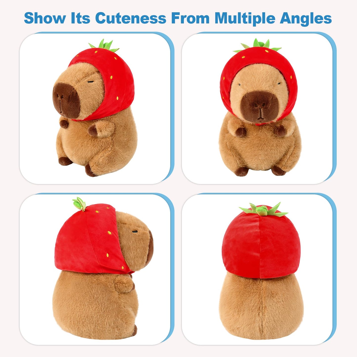 Ditucu Cute Capybara Plush Wear Strawberry Hat Soft Capibara Stuffed Animal Plushies Toys Hugging Gifts for Kids Brown 9 inch