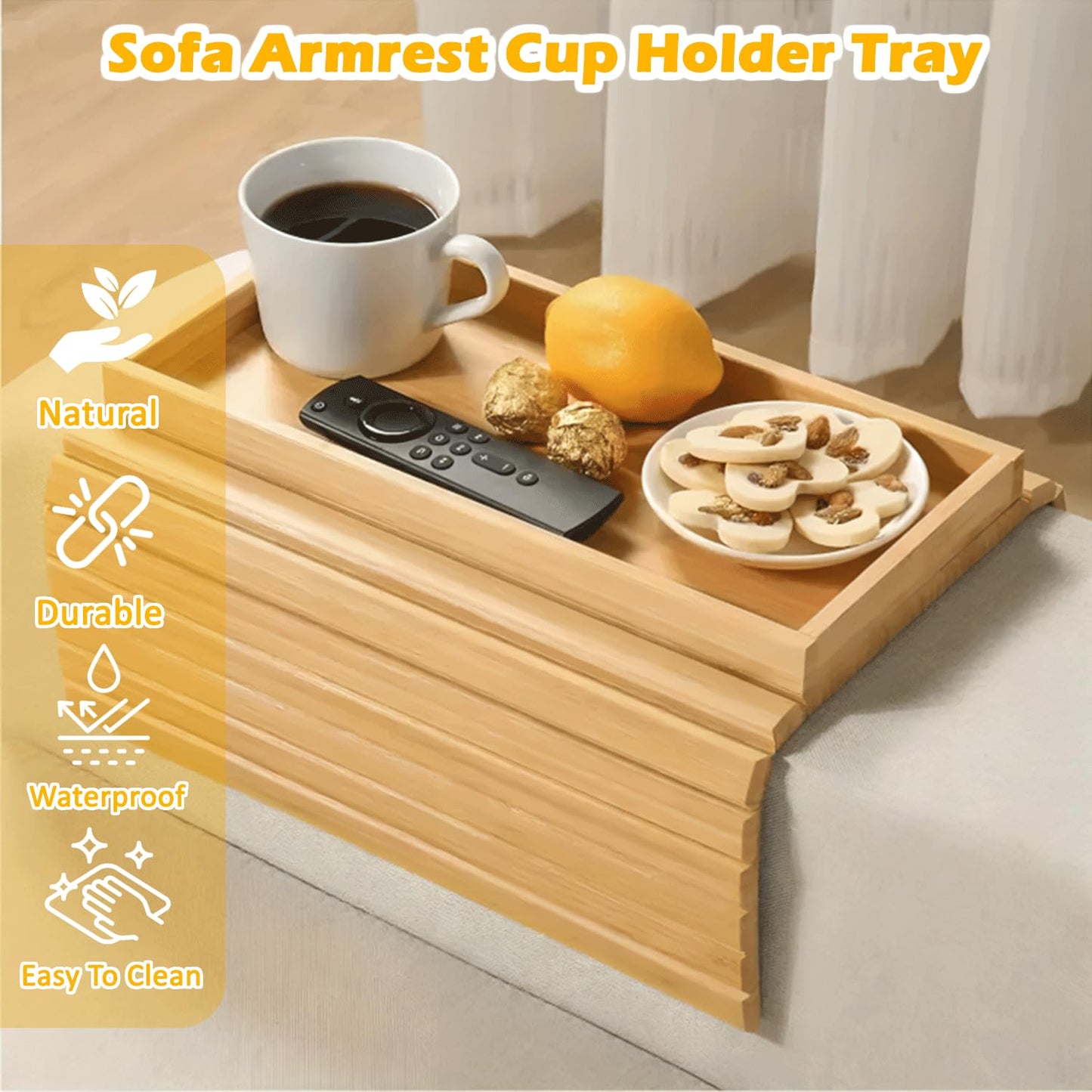 Four Flowers Foldable Bamboo Couch Arm Tray with Detachable Couch Cup Holder– Sofa Armrest Table for Remote, Snacks, Phone – Portable Armrest Caddy Tray for Sofa, Recliner, or Armchair