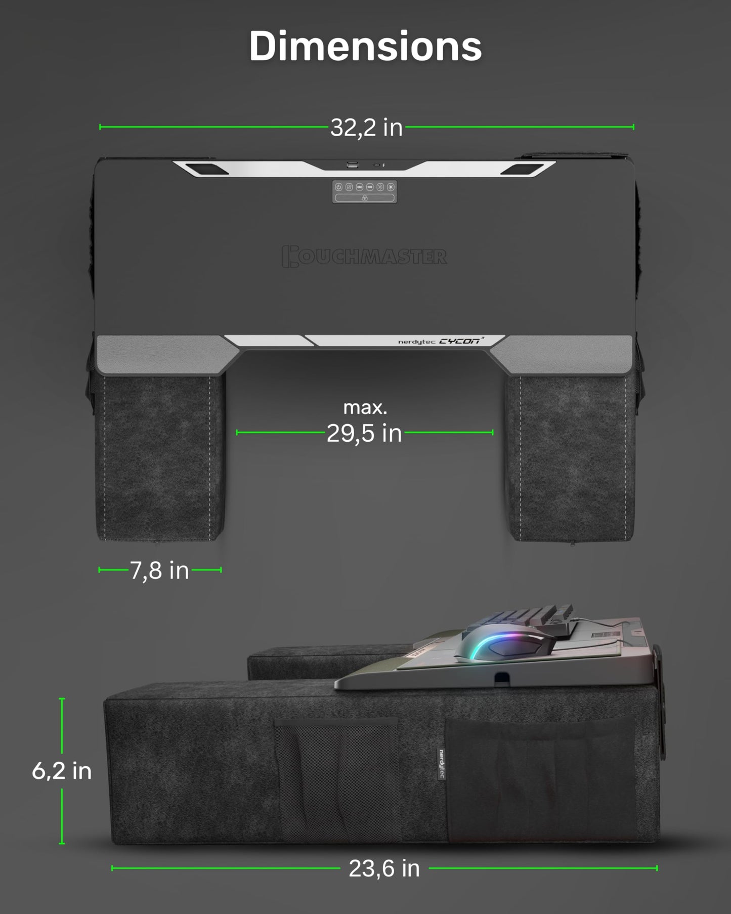 Couchmaster CYCON³ HORIZONLIGHT Bar, Ultimate Ergonomic USB-Hub Gaming Lap Desk for Couch and Bed, Large, Stable and Compatible with All Keyboards and Mouse/Mice, Laptops, PCs, PS4/5, Xbox