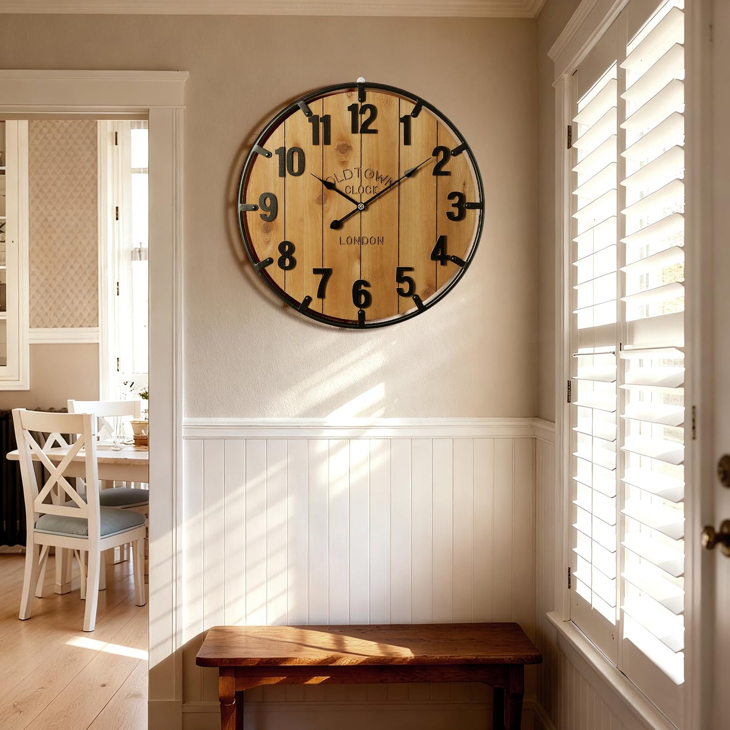 Vantic Farmhouse 30 Inch Extra Large Decorative Wall Clock with Metal Circlee, Oversized Wood Wall Clock with Large Arabic Numeral for Living Room, Bedrooms and Offices, Silent and Battery Operated