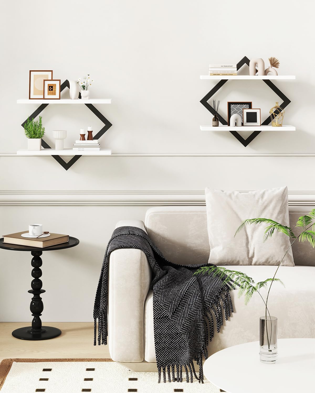 IBUYKE Floating Shelves,15 Inch Wall Shelf Set of 2,Wall Mounted Shelves,2 Tier Hanging Decorative Storage Shelf for Living Room, Bedroom, Bathroom, Kitchen TFS003W-2