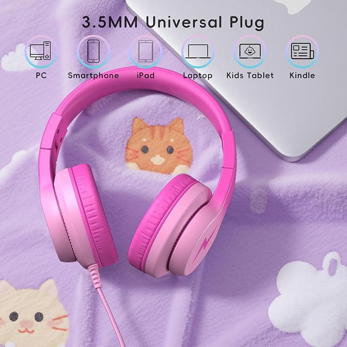 Kids Headphones, Wired Headphones for Kids Over Ear with Microphone, 85/94dB Volume Limiter Headphone for Girls Boys, Foldable Headphone for Learning & Entertainment, Gradient Deep Pink