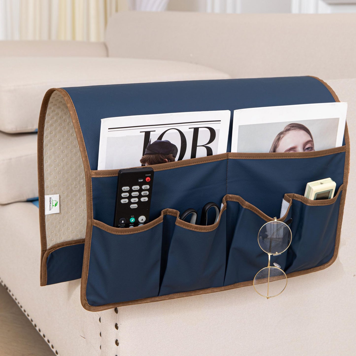 HAOMAIJIA Anti Slip Sofa Armrest Organizer Arm Chair Bedside Caddy Storage Organizer For Recliner Couch With 6 Pockets For Cell Phone Tv Remote Control (Navy Blue, 31.89 inches × 18.5 inches)