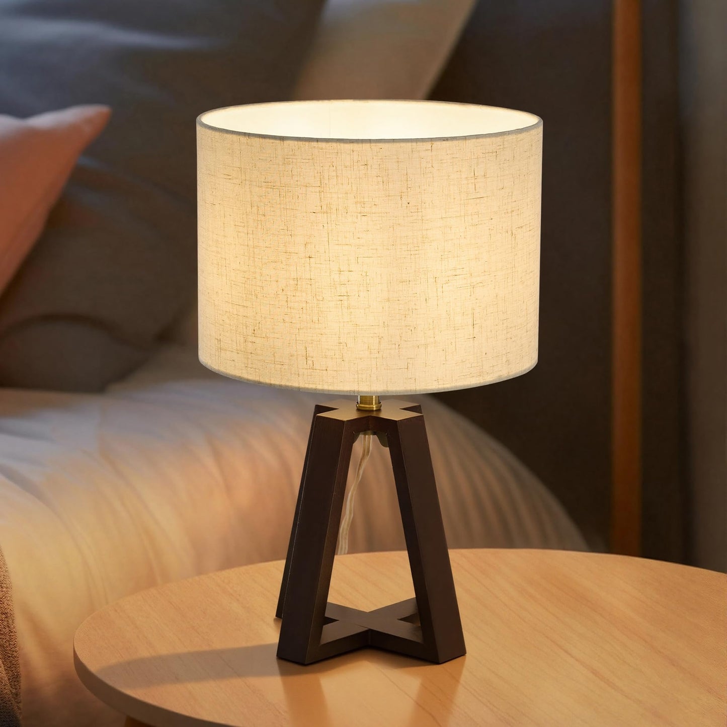Booniture Cross-Base Table Lamp, Small Bamboo Bedside Lamp with Beige Linen Lampshade, Boho Modern Nightstand Lamp for Bedroom Living Room Office,E26 Socket, Walnut