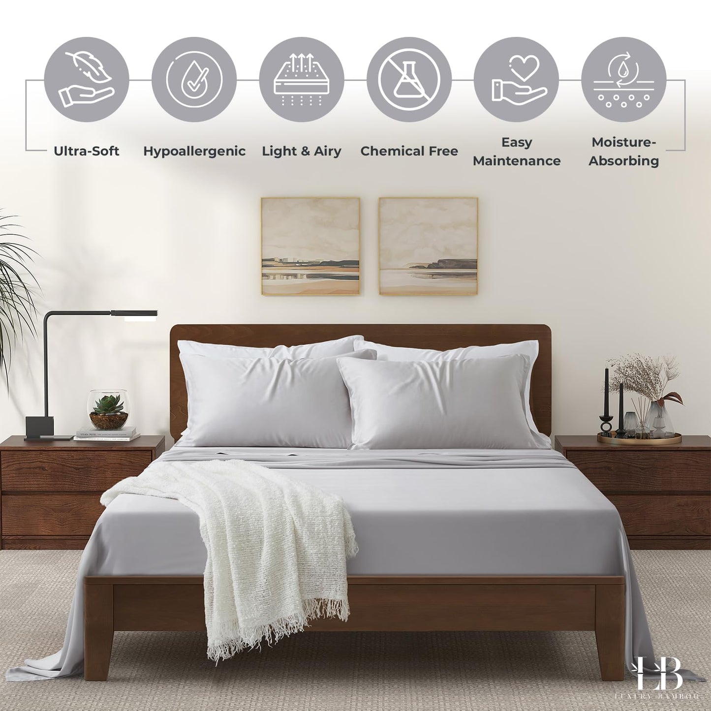 Luxury Bamboo Market | King Size Bed Sheet Set | 100% Viscose Made from Bamboo | Organically Grown | Ultra Soft | Cooling Sheets for Hot Sleepers | 17" Deep Pocket [Dove Grey]