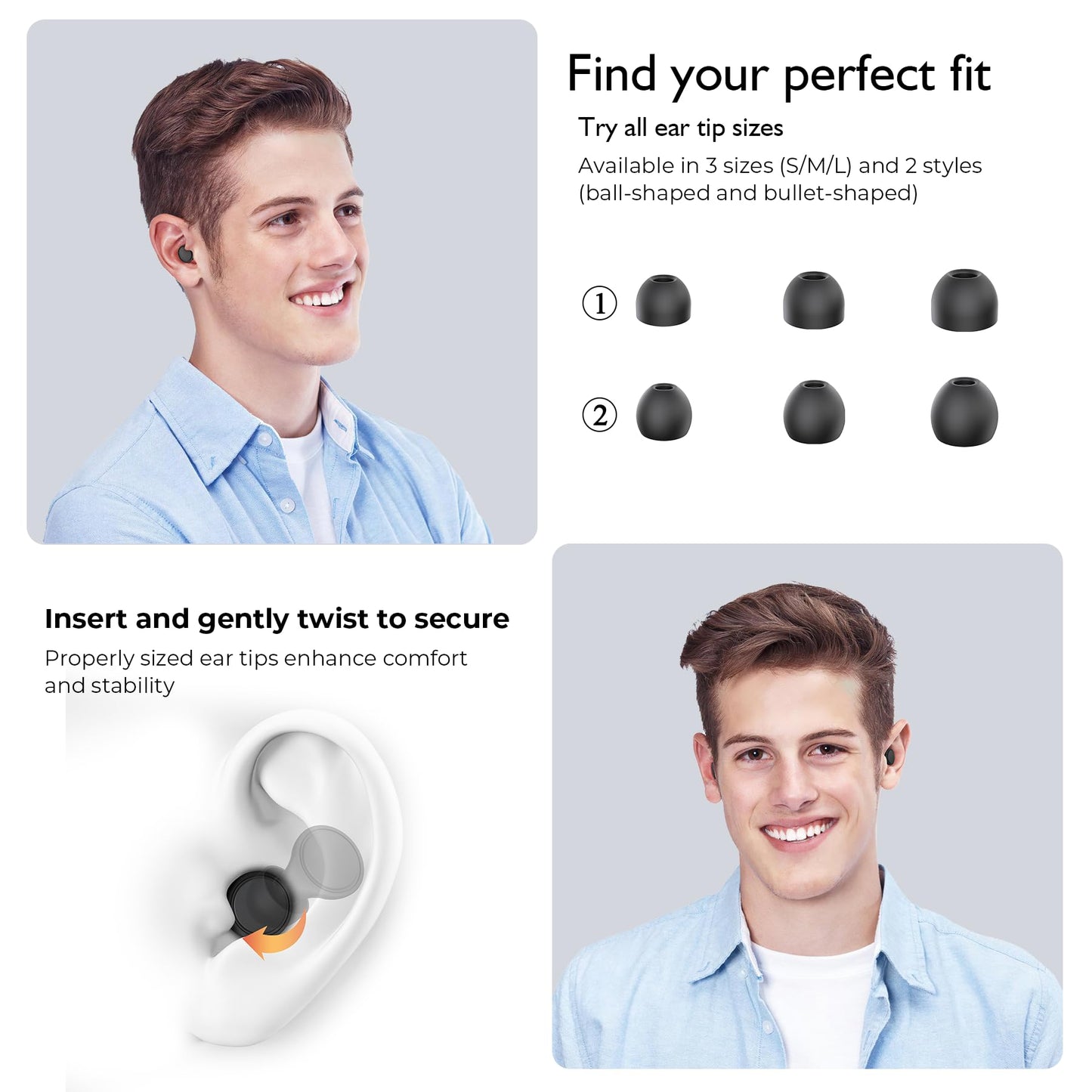 Jayine 2 Pairs Ear Plugs for Sleeping, Soft Full Silicone Ear Plugs for Noise Reduction 25dB, Reusable Hearing Protection Earplugs for Concert, Focus, Noise Sensitivity, 8 Ear Tips in S/M/L - Black