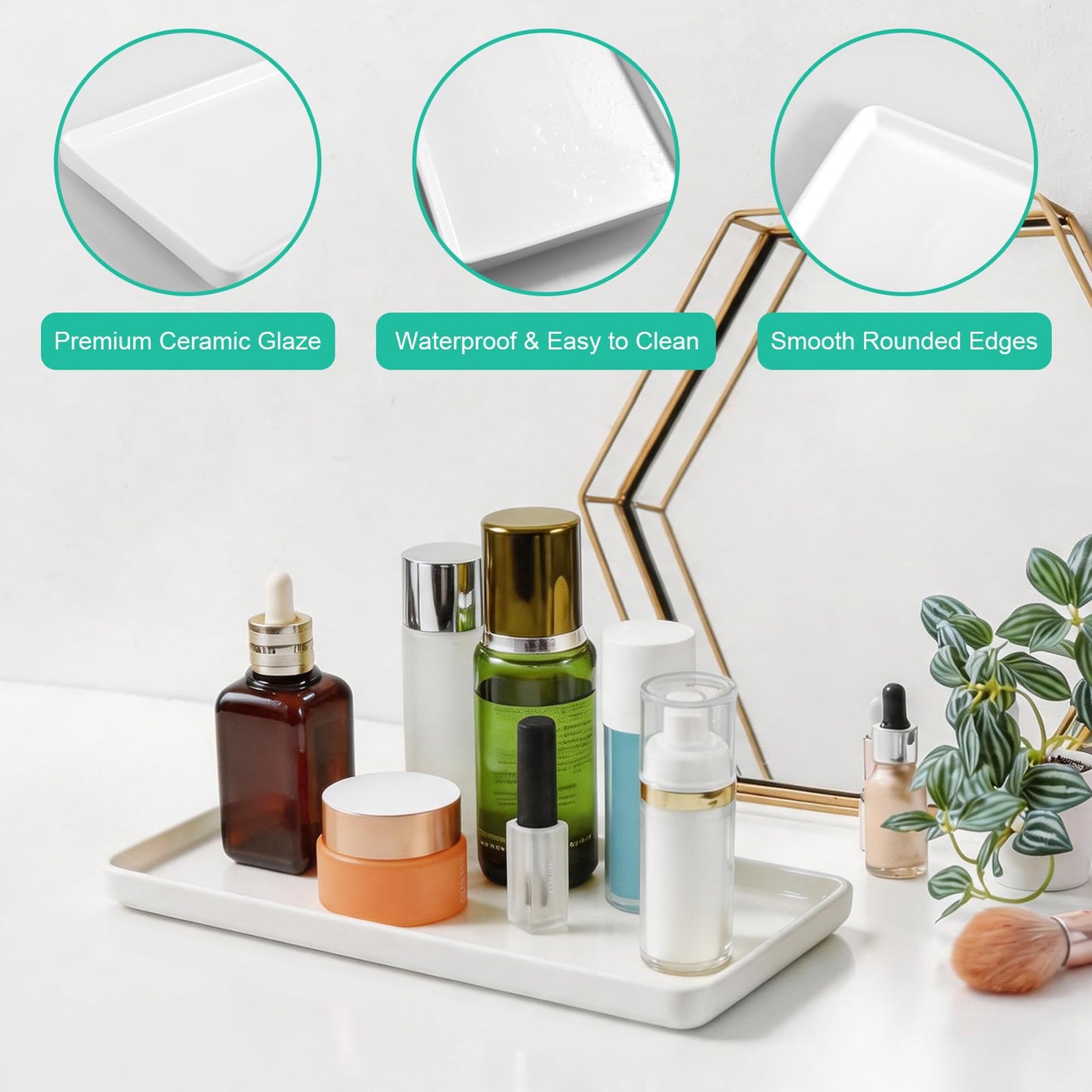 ALELION White Ceramic Bathroom Vanity Tray for Counter, Porcelain Tray for Toilet Tank, Soap Dispenser, Perfume, Jewelry, Candles, Coffee Table, Kitchen, Decorative Catchall Tray, 11.7 Inch