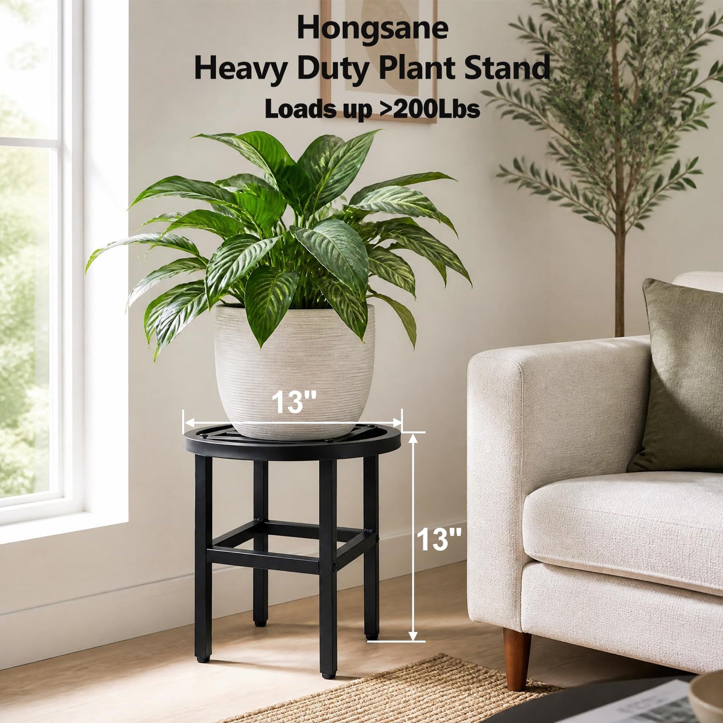 Hongsane Plant Stand Indoor Outdoor,13 Inch Tall Metal Plant Stands Riser,Heavy Duty Wrought Iron Pedestal Holders for Large Flower Pot,Outside Rust-Proof Black Flower Display Shelf for Patio,1-Pack