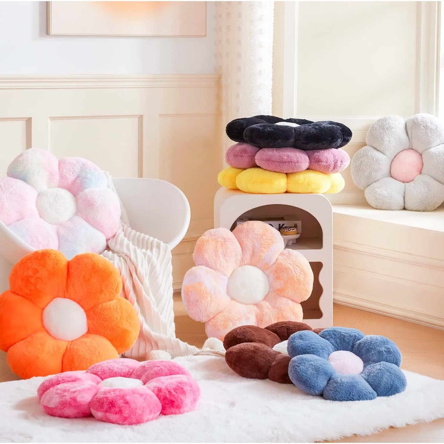 Kcvvcr Flower Pillow Cute Decorative Throw Pillow with Faux Rabbit Fur Soft Daisy Plush Floor Cushion Aesthetic Flower Shaped Pillow Home Decor for Bed Sofa Couch (Orange 17.7 Inch)