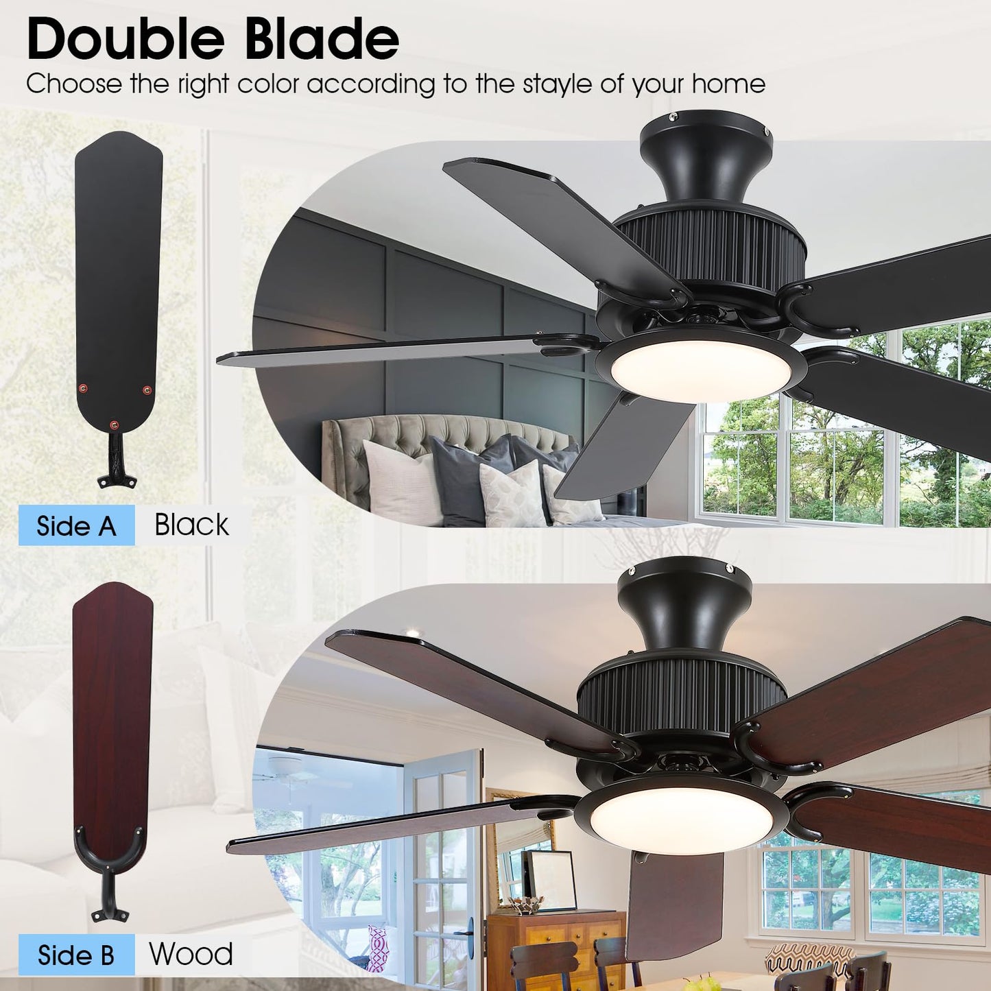 Surtime 44In Flush Mount Ceiling Fans with Lights and APP&Remote Control,Farmhouse Low Profile Ceiling Fan for Indoor/Outdoor,3CCT Dimmable,5 Reversible Double-Sided Blades（Black）