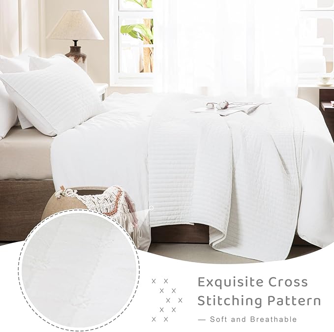 Sanracie Cotton Queen Quilt Bedding Set(90"x98") ，Ultra Soft Stonewashed Milk White Bedspread Coverlet Cross Stitch Pattern Lightweight Crinkle Quilted Bedspread Set 3Pcs for All Season