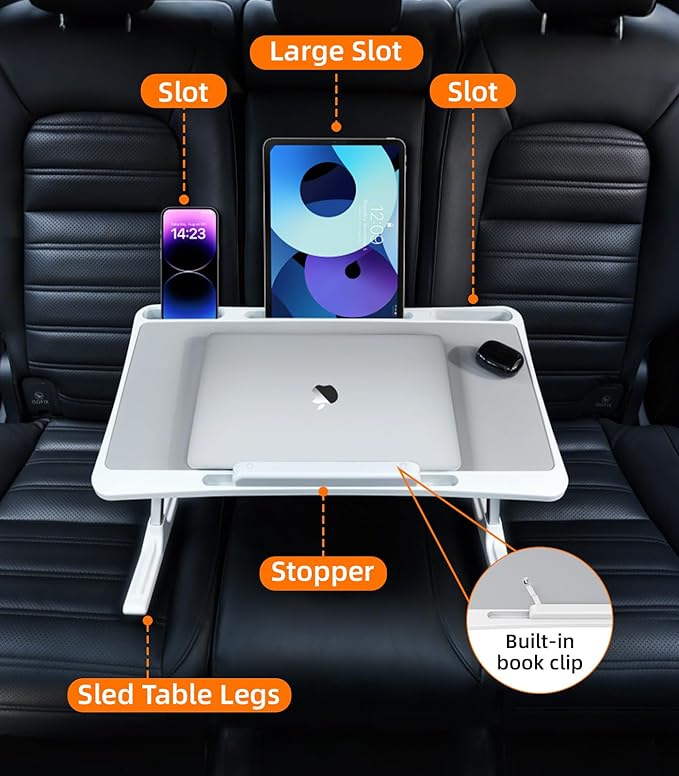 DICMKY Large Car Seat Tray Table, Foldable Travel Tray for Kids Car Seat, Height Adjustable Car Lap Desk for Laptop Computer Tablet, Rear Seat Food Eating Tray, Car Travel Essentials for Long Trips