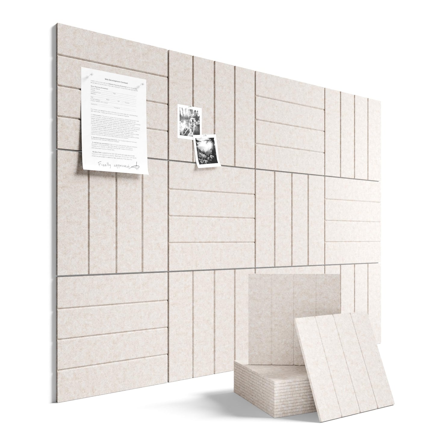 Fluxynara Felt Bulletin Board Tiles Large 48" x 36" Cork Board Alternative-12 Pack with 64 Adhesive Tabs, Thick Slat Wall Panels for Office Decor, Push Pin Board Wall Organizer Alternative -Oatmeal