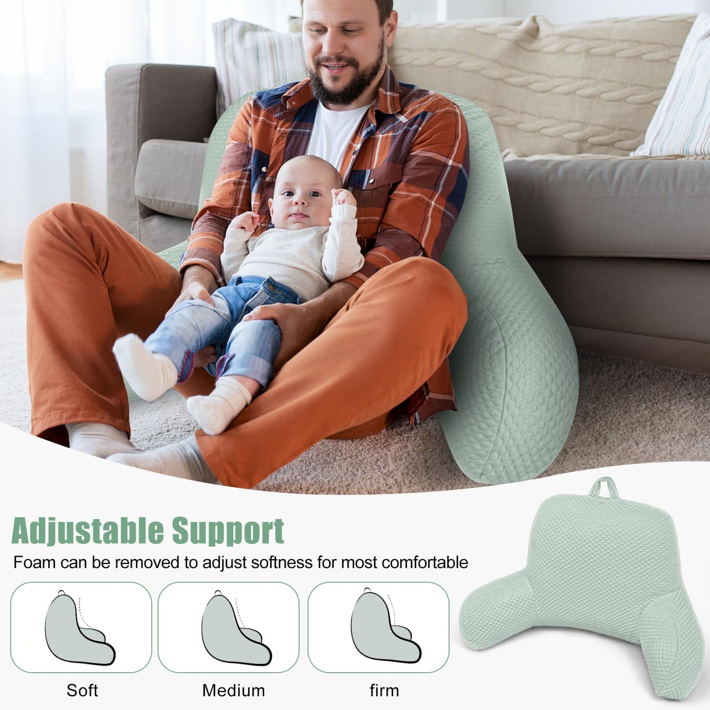 xffzroom Reading Pillow, Ice Silk Bean Back Support Pillow for Bed Sitting Up, Large Bed Rest Pillow with Arms for Adults,Back Support for Couch and Chair, Green