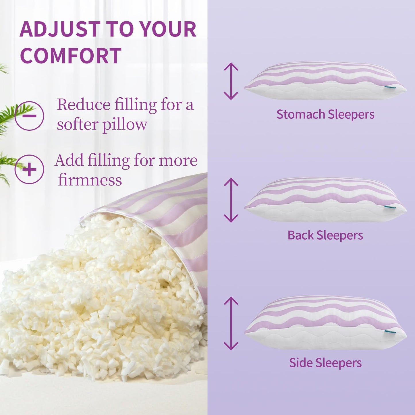 Auranta Pillows Queen Size Set of 2 - Cooling Shredded Memory Foam Bed Pillows for Sleeping, Adjustable Loft for Side, Back, and Stomach Sleepers, Medium Firm Support with Washable Cover, Mauve