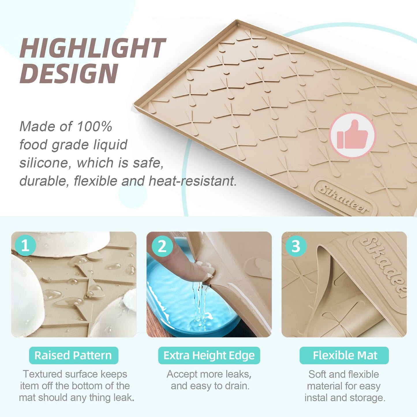 SIKADEER Waterproof Under Sink Mat 22x19, Raised Edge Silicone Mat Under Sink Shelf Liner, Sink Protector Kitchen Cabinet Tray for Bathroom Vanity and Small Cabinets, Cat Food Mat