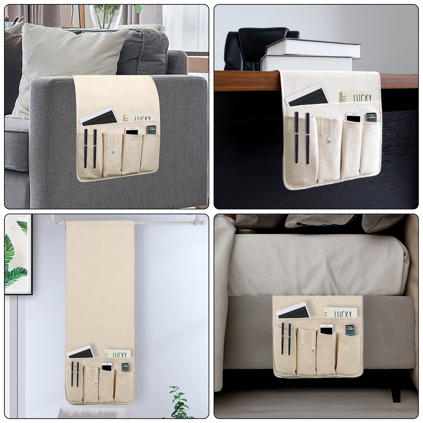 NB Sofa Armrest Organize Remote Holder Bedside Caddy Organizer with 5 Pockets，Non-Slip Couch Remote Control Holder Couch Armchair Caddy Accessories (Beige, 35"X12.4")
