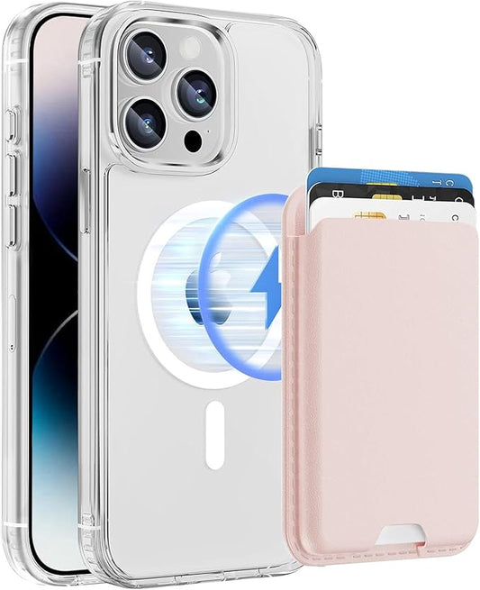 Ntwinro Magnetic for iPhone 13 Pro Max Clear Case (Compatible with MagSafe) with Pink Detachable Wallet & Card Holder for 3 Cards [RFID Blocking] Military Grade Protective Slim Phone Cover