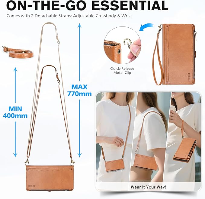 TUCCH Removable Crossbody Case Wallet for iPhone 17 Pro (6.3") 2025, Wireless Charging, RFID Blocking 9 Card Slots, Lanyard, Wrist Strap, Zipper Pocket, PU Leather, Stand Magnetic Cover, Light Brown