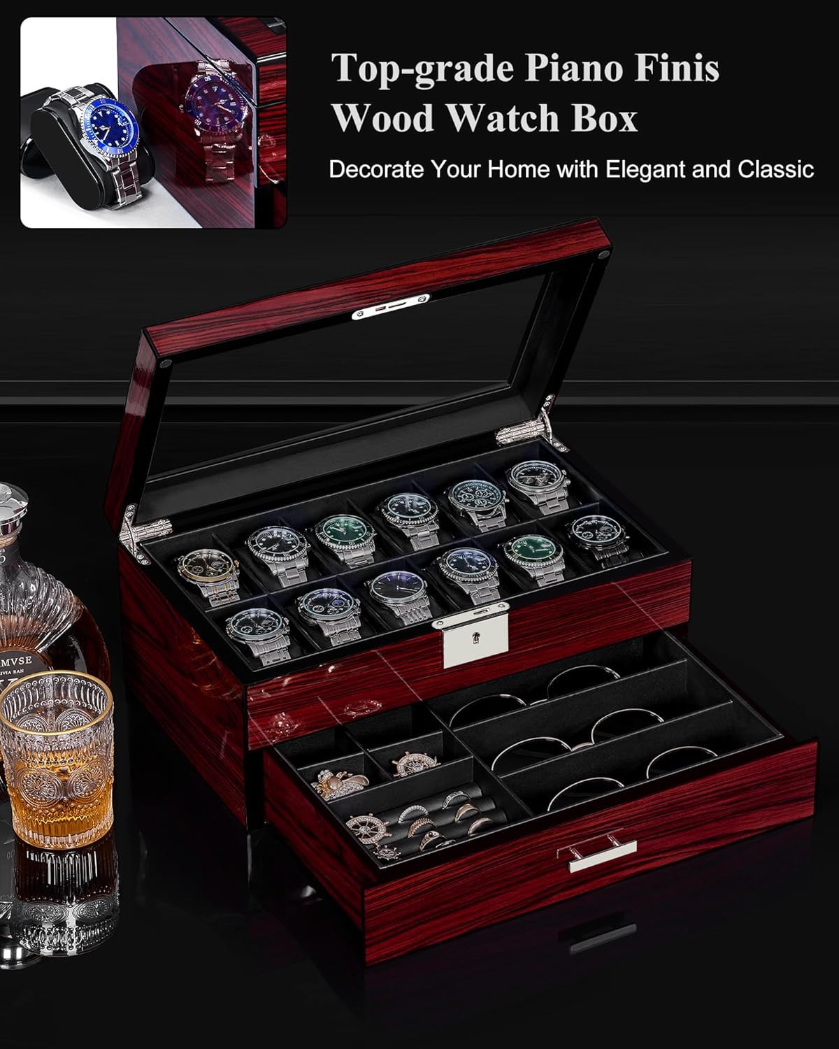 ANWBROAD Watch Box for Men, 12 slot Watch Cases with Glass Lid, 2-Layer Wooden Watch Display Case for Jewelry and Watch Organizer for Men Women, Ideal for Gifting with a Present Box, Lockable UJWB003Y