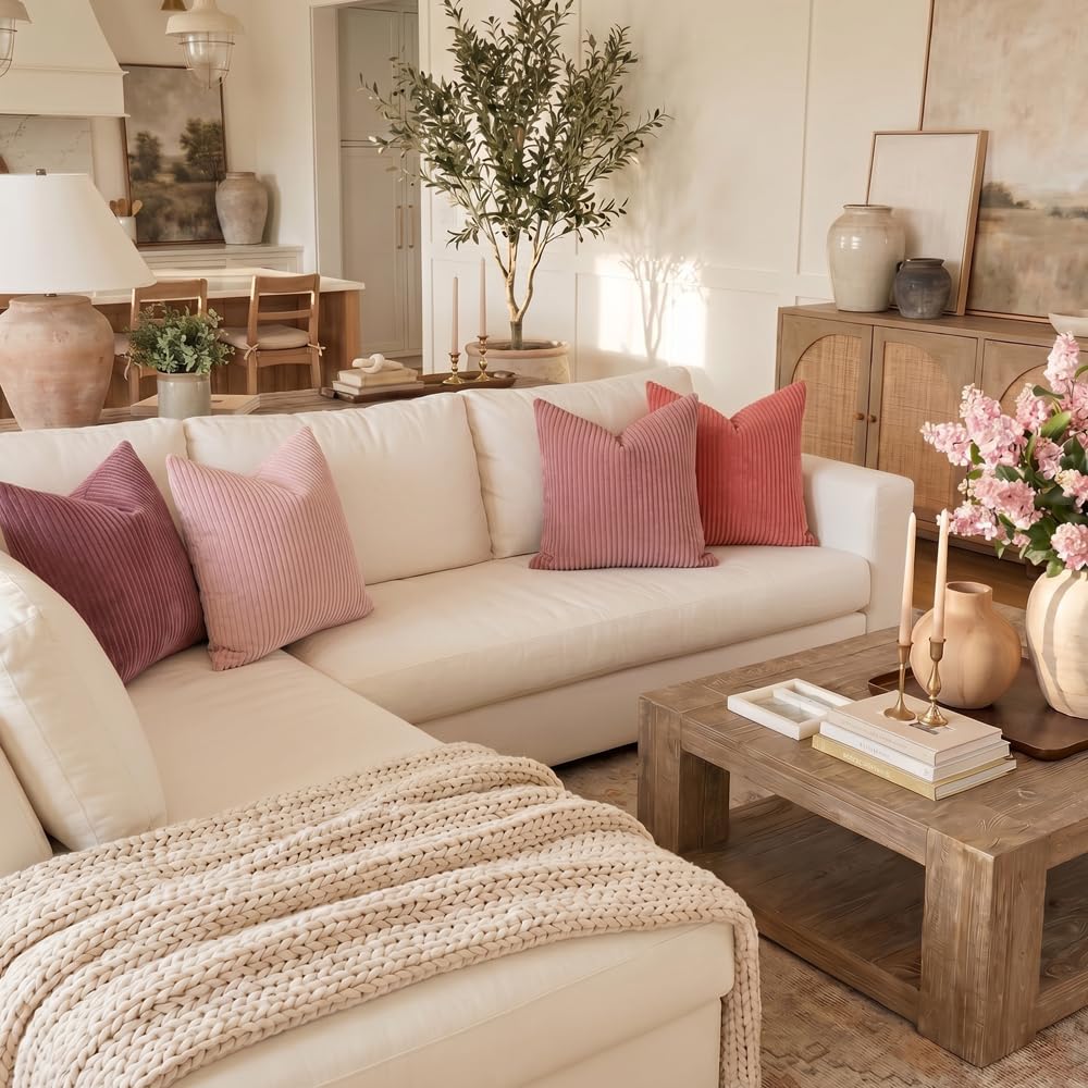 LANANAS Neutral Couch Throw Pillow Covers 18x18 Inch Set of 4 Decorative Farmhouse Boho Throw Pillows for Living Room, Couch, Bed, Sofa Soft Corduroy Accent Home Decor (Rose Pink, 18x18 Inch)