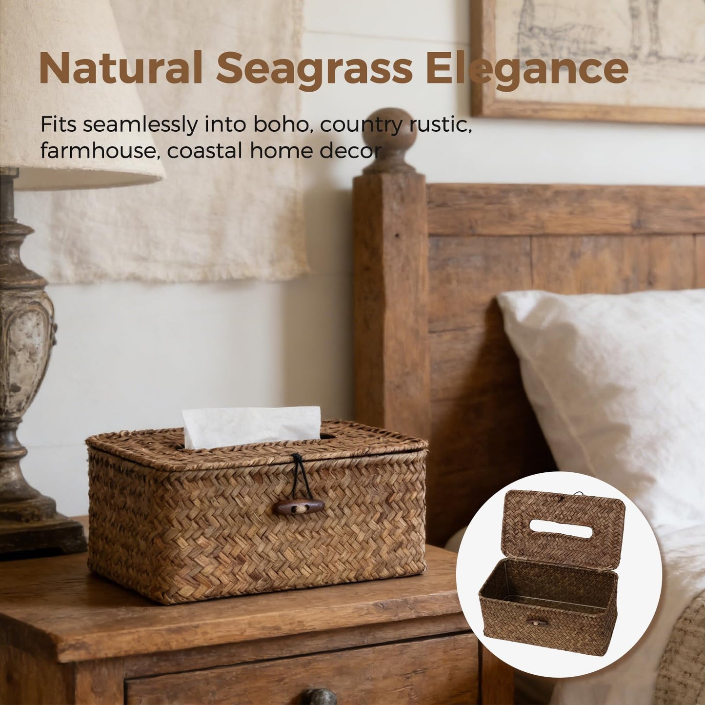 Rectangle Wicker Tissue Box Cover, Natural Seagrass Tissue Box Holder with Lid, Woven Tissue Box Decorative Facial Tissue Holder for Bathroom Office Table, Brown