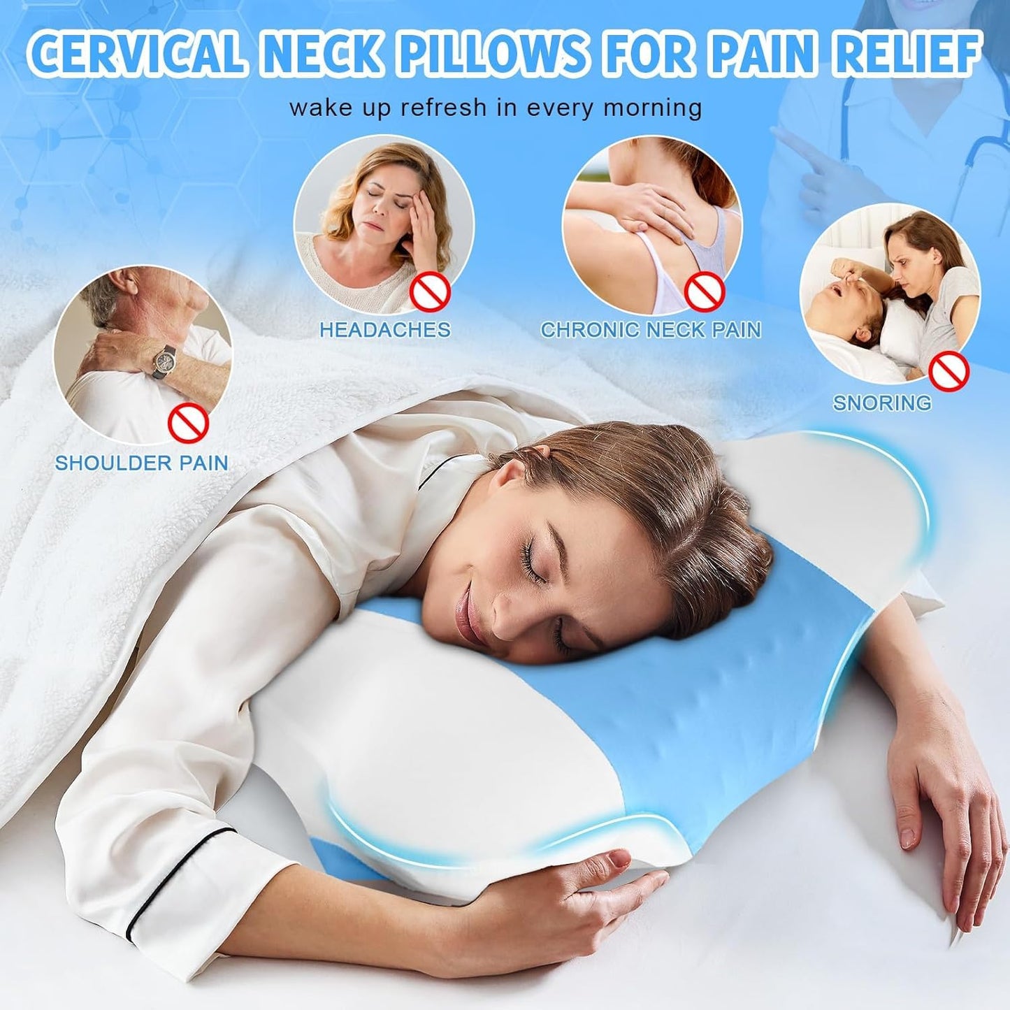 Cervical Neck Pillows with Memory Foam - Ergonomic Neck Support Pillows for Pain Relief Contour Memory Foam - Adjustable Orthopedic Bed Pillows with Cooling Breathable Pillowcase for Sleeping - Blue