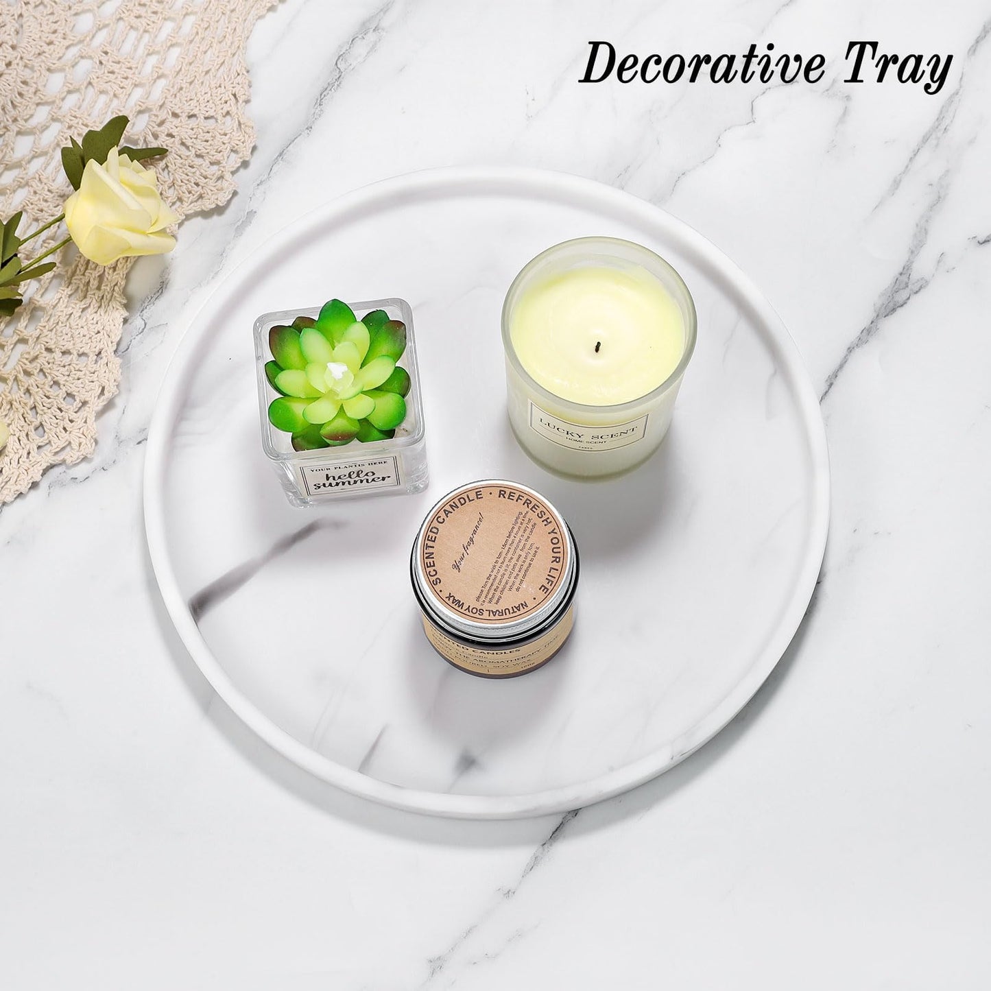 Luxspire Round Vanity Tray, 10.63 Inch Bathroom Vanity Tray Resin Kitchen Tray, Countertop Organizer Tray for Perfume Dresser Jewelry Candle, Coffee Table Decorative Tray, Marble White