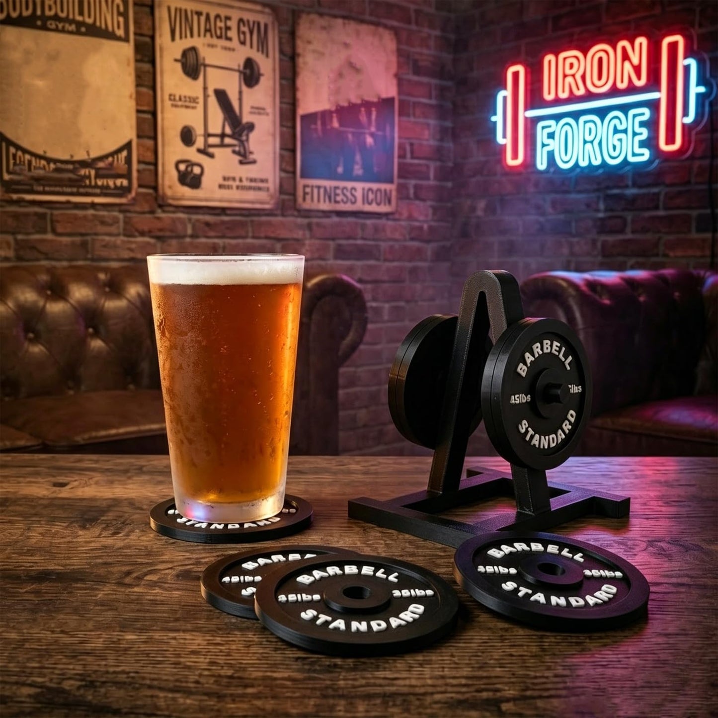 Weight Plate Coaster Set with Rack, 4 Pack Barbell Bumper Plate Drink Coasters, Durable Non-Slip Drink Mats, Unique Gym Gifts, Home Gym Decor & Workout Accessories