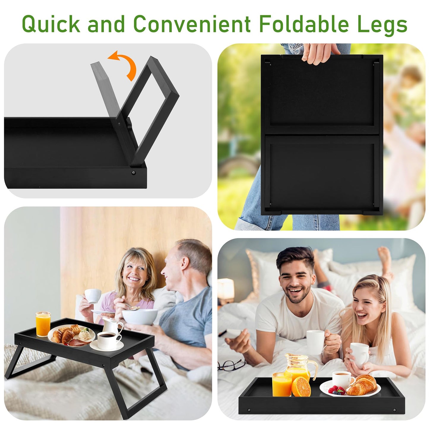 Kaukinye Bamboo Bed Tray Table with Foldable Legs, Breakfast Tray (Black)