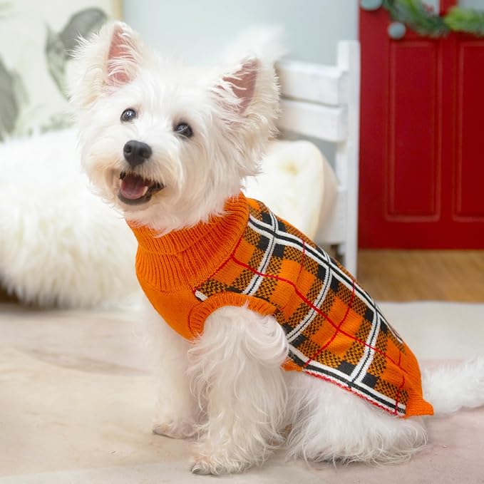 PUPTECK Dog Sweaters for Large Medium Small Dogs - Fall Classic Plaid Style Puppy Holiday Winter Coat Clothes Warm, Reddish Orange, XS