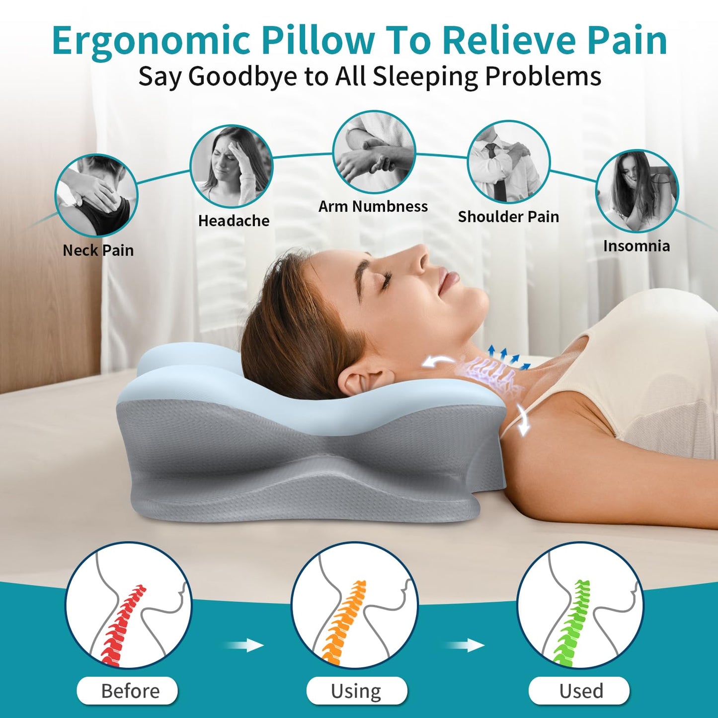 Cervical Neck Pillow for Pain Relief - Ergonomic Pillow for Neck Support, Contour Memory Foam Pillows for Sleeping, Contour Pillow for Reading & Bed Rest Pillows for Side Back Stomach Sleepers(Blue)