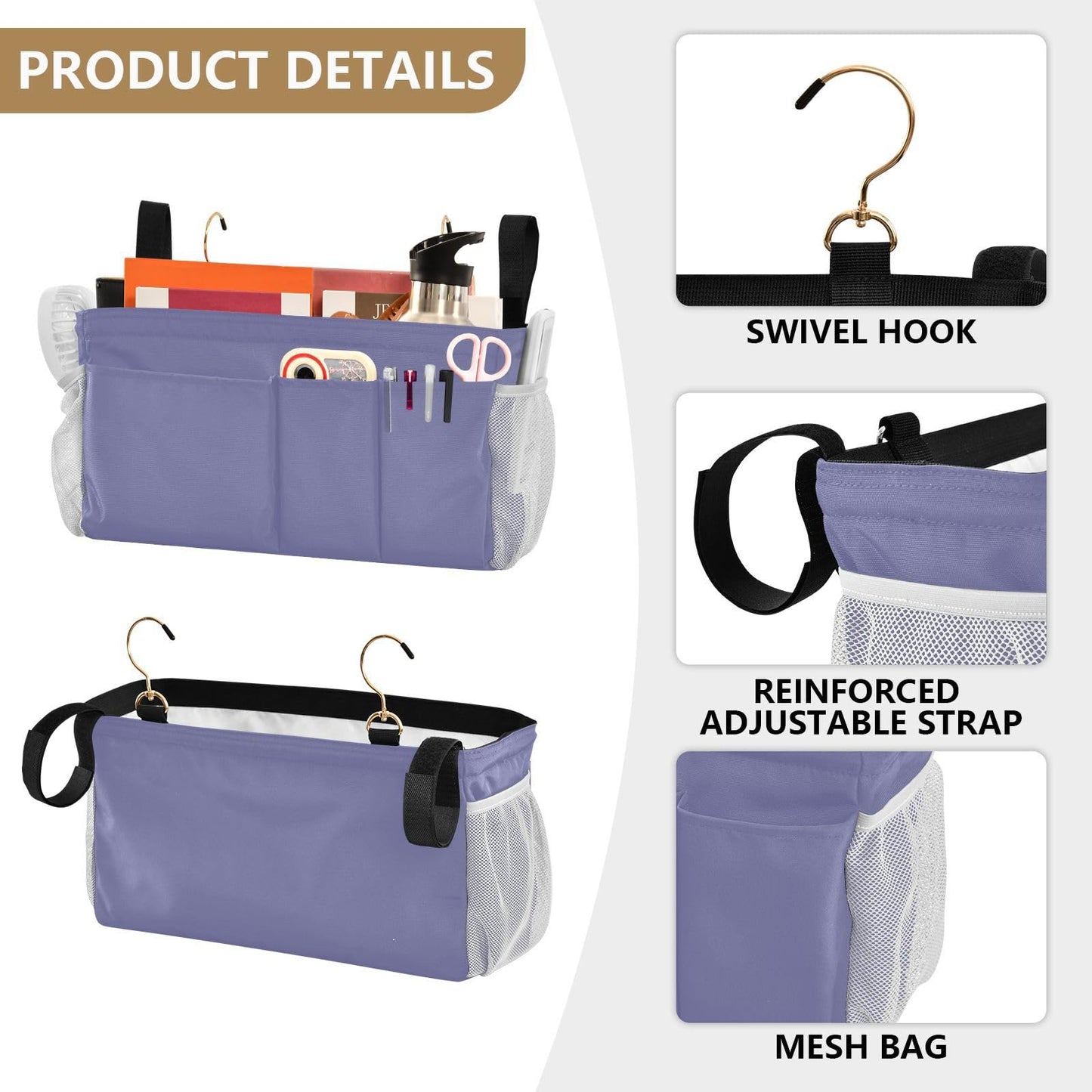KOPIRIT Purple Bedside Caddy Storage Bag Bedside Organizer for College Dorm Top Bunk Bed Hanging Storage Organizer 6 Pockets with Hooks for Book Glasses Phone Holder
