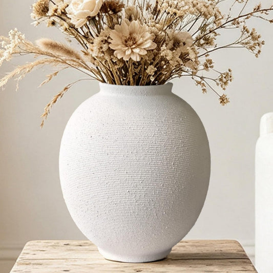 White Ceramic Vase, 9.8" Large, Round, Sandstone White