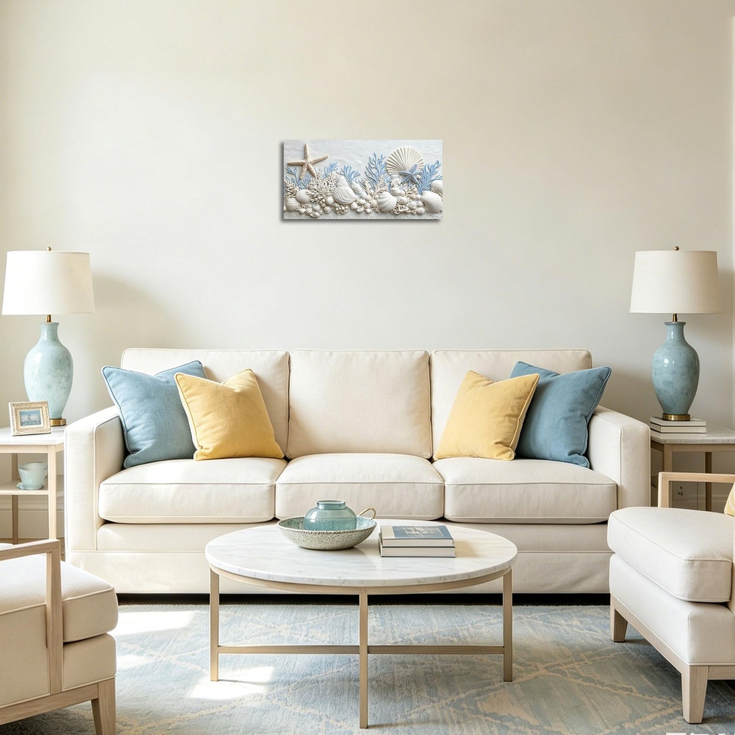 Xcfstszgz Coastal Seashell Canvas Wall Art Blue Bathroom Decor Starfish Coral Pictures Nautical Beach Painting Print for Living Room Bedroom Decor Framed (White, 8" L x 16" W)